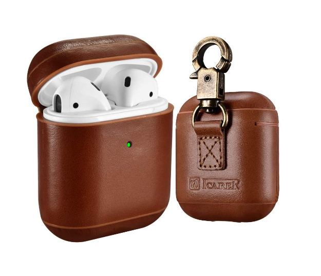 Picture of AirPods Case Cover, Icarer Premium Genuine Leather Vintage Portable Shockproof Protective Cover with Keychain for Apple AirPods 1&2 Case (Front LED Visible) Support Wireless Charging