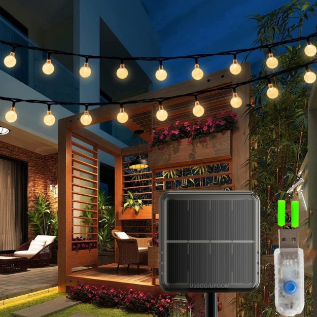 Picture of Solar String Lights, 59Ft 100 LEDs Solar/USB Powered Garden Lights with 8 Mode, IP65 Waterproof Crystal Ball Indoor Outdoor 