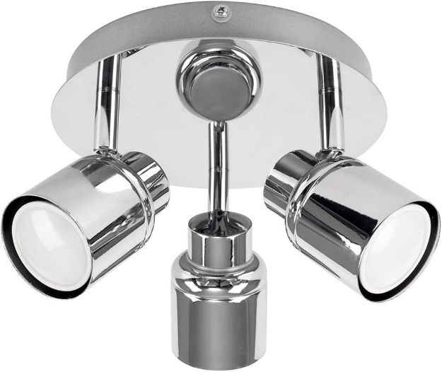 Picture of Modern Polished Chrome Adjustable 3 Way Round Plate Bathroom Ceiling Spotlight - IP44 Rated - Complete with 5w GU10 LED Light Bulbs [3000K Warm White]